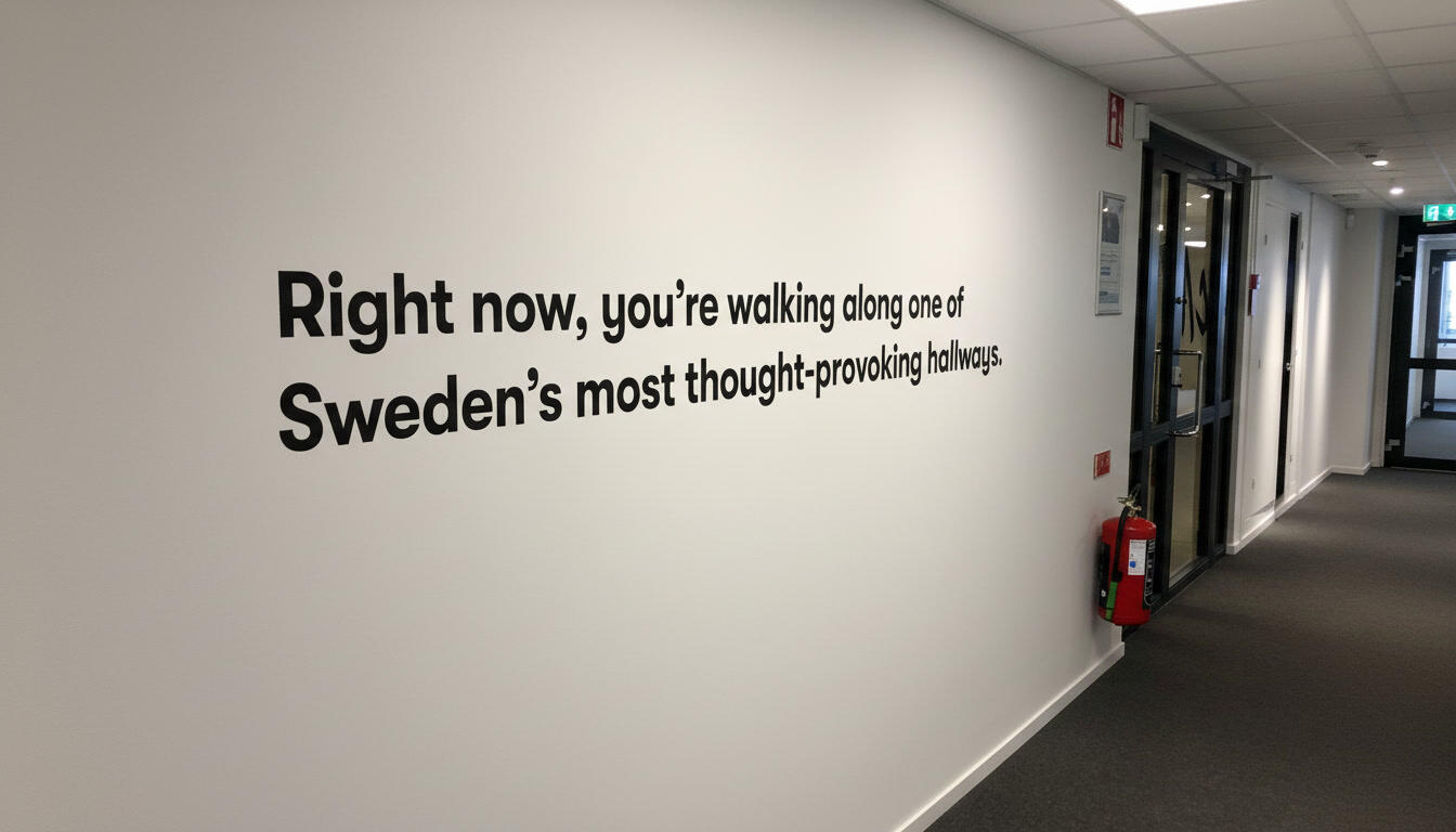 Text on a wall saying: Right now, you're walking along one of Sweden's most thought-provoking hallways.